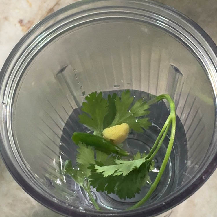 Fresh ginger, green chili, and coriander with 1 cup of cold water in a blender, ready for making refreshing homemade Indian buttermilk (chaas).