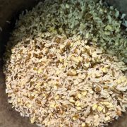 Bowl of fluffy, cooked high-protein rice made with white rice and split green moong dal.