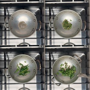 Step-by-step tempering process with mustard seeds, curry leaves, and green chilies sizzling in coconut oil