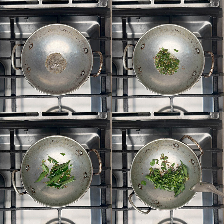 Step-by-step tempering process with mustard seeds, curry leaves, and green chilies sizzling in coconut oil