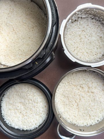 Four methods of cooking white rice. Stovetop, instant pot, pressure cooker, rice cooker