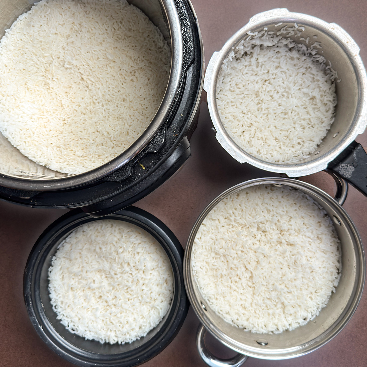 Four methods of cooking white rice. Stovetop, instant pot, pressure cooker, rice cooker