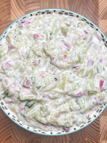 Bottle gourd sorakaya raita garnished with coriander in traditional serving bowl