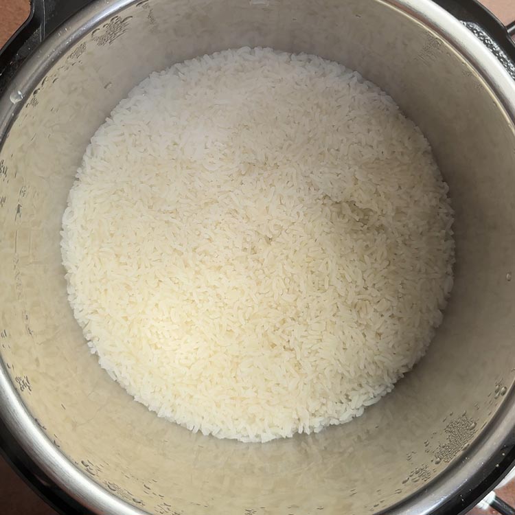 Fluffy instant pot white rice viewed from above after opening lid