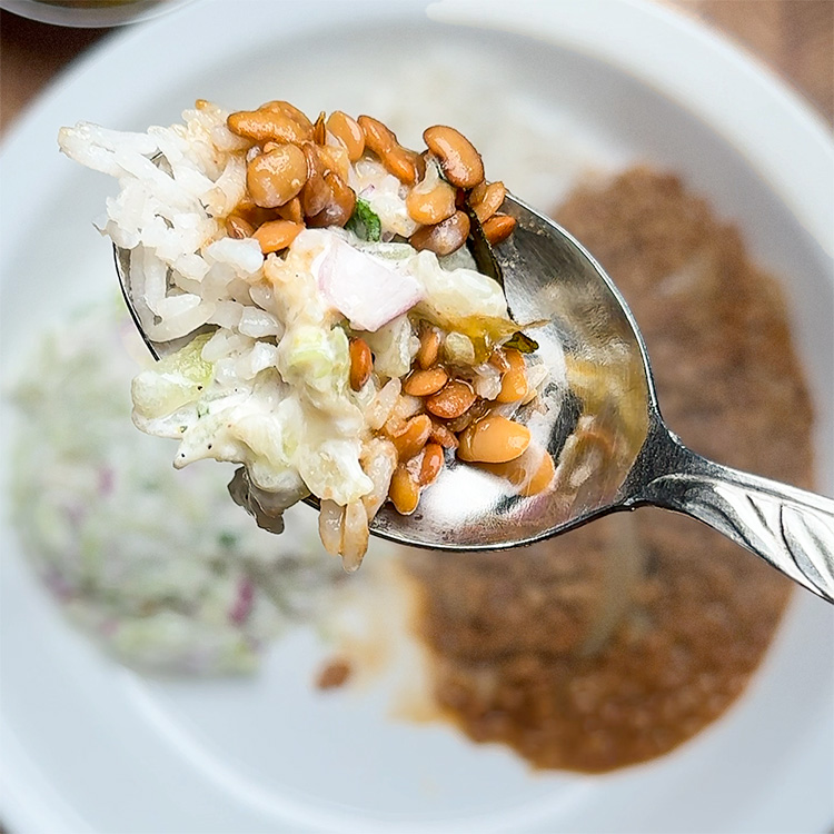 horse gram curry thali on a spoon