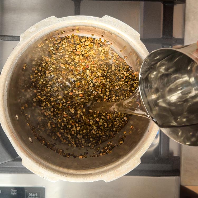 Pouring water over aromatic roasted green lentils in cooker