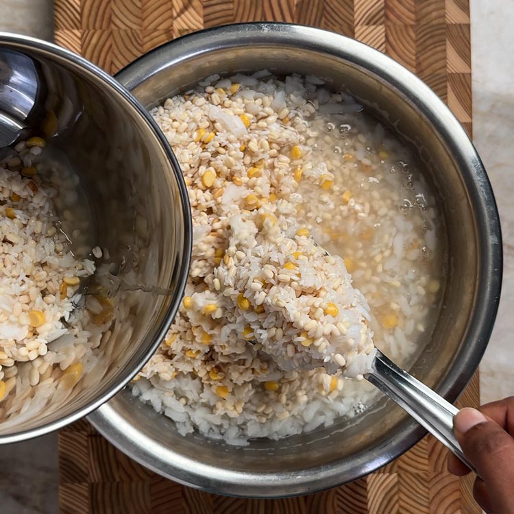 Transferring soaked rice and dal mixture from bowl to Indian mixi grinder for making dosa batter
