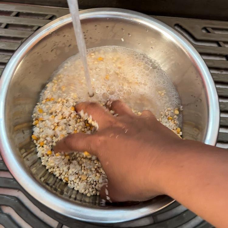 Hand washing rice and dal mixture under running water to clean ingredients for dosa batter