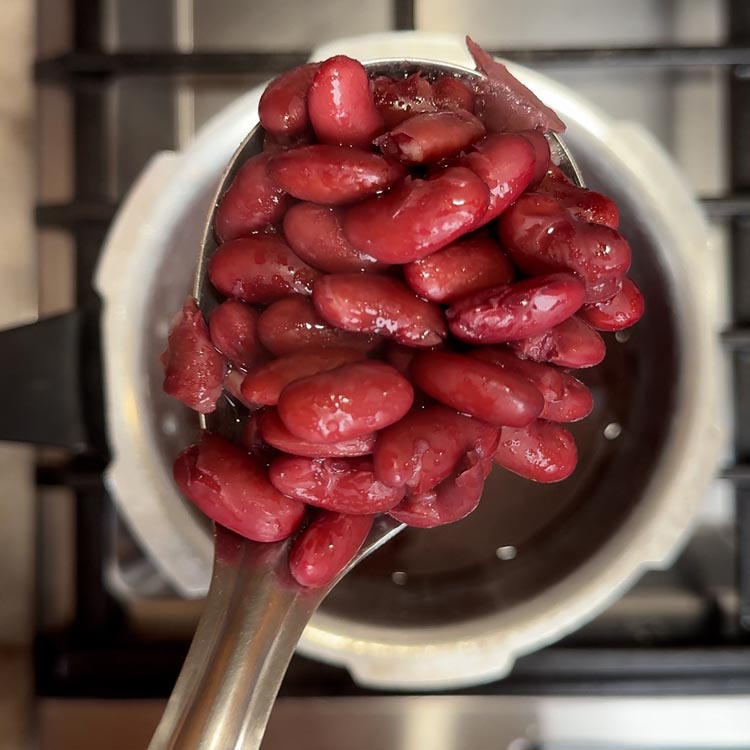 Showing tender red kidney beans from pressure cooker with a spoon