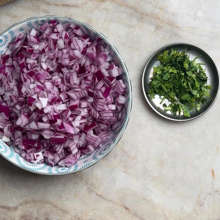 Finely chopped red onions in a large bowl alongside fresh green cilantro leaves in a small steel bowl, prepped for cooking