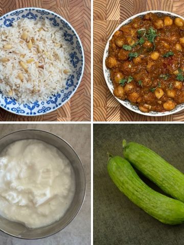 Four images combined to show thali plate with Pine Nut Rice Channa Masala Yogurt Cucumbers