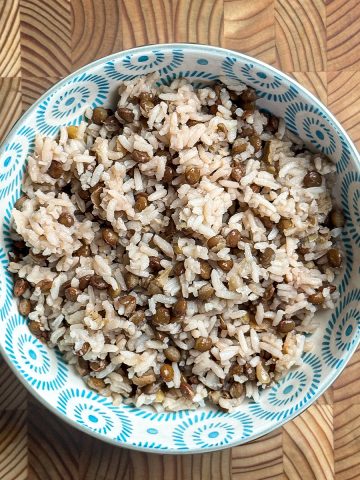 Fluffy cooked mixture of white rice and brown lentils in traditional blue patterned serving bowl