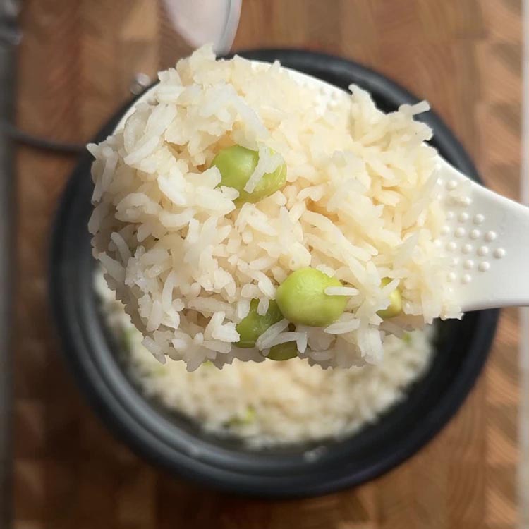 Spoonful of cooked fluffy white rice mixed with tender green edamame beans, lifted from rice cooker to show final texture
