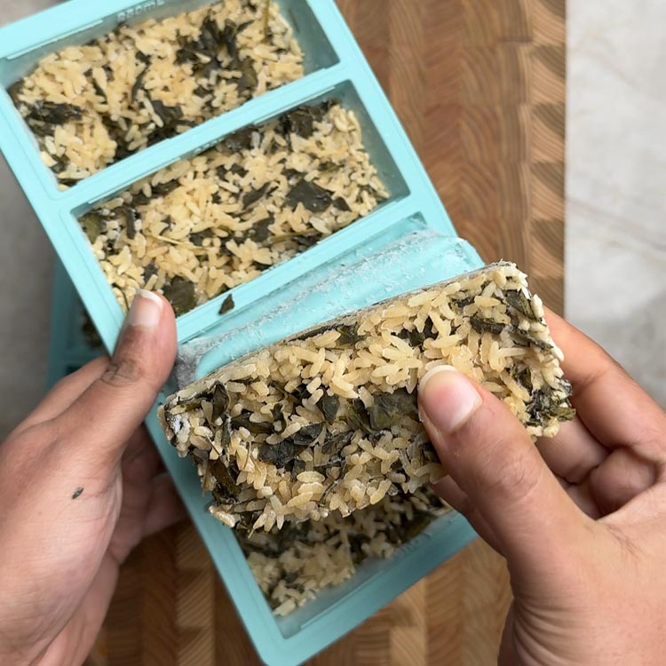 Hand holding single portion of cooked rice with green moringa leaves from turquoise compartment container