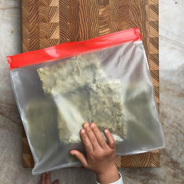 Frozen rice cubes stored in clear reusable silicone bag with red seal on wooden board