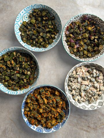 5 Baked Okra Fry Recipes in bowls placed on a table.