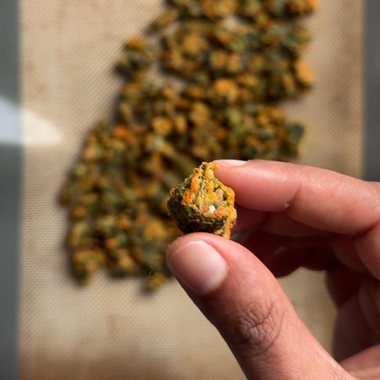 Hand holding single piece of crispy baked besan okra showing golden orange chickpea flour coating texture