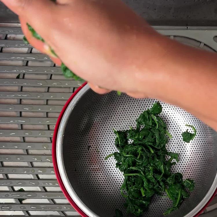 Hands firmly squeezing water from blanched spinach over a colander