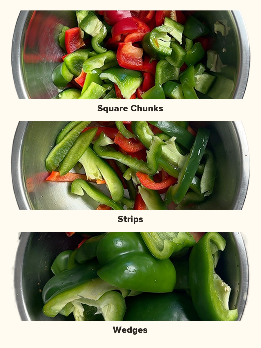 Three ways to cut bell peppers for roasting: square chunks, strips, and wedges shown side by side