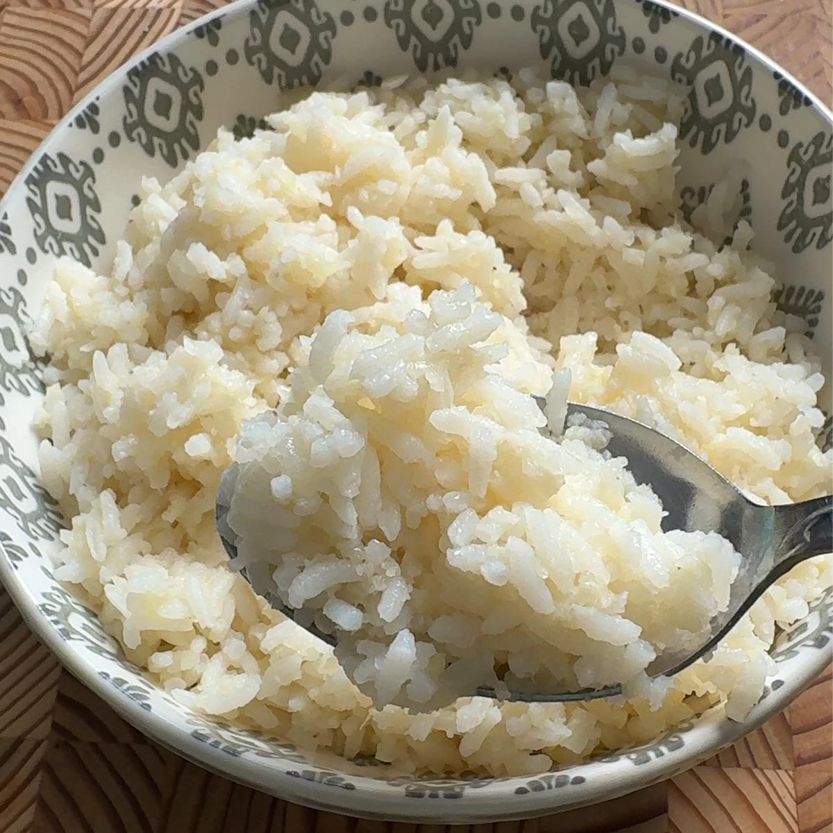 Bowl of cauliflower rice with bone broth, a rice and riced cauliflower blend, ready to serve