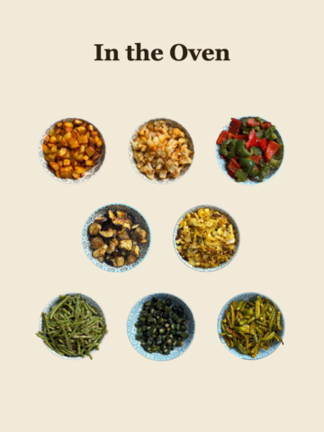 Eight bowls of oven-roasted Indian vegetable dishes arranged in a grid - potato, cauliflower, bell peppers, eggplant, cabbage, green beans, okra, and dondakaya (ivy gourd) - on a cream background under the heading In the Oven.
