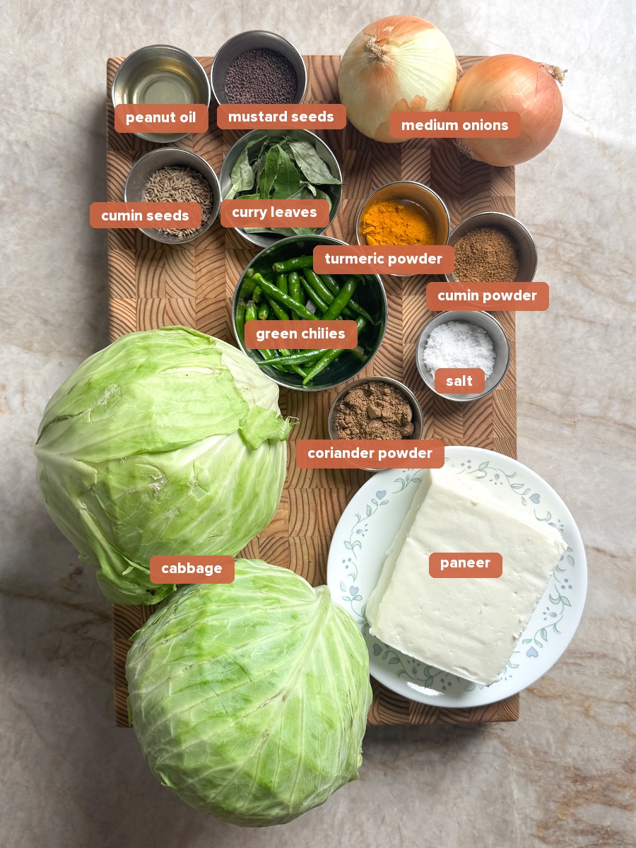 Ingredients for cabbage paneer bhurji: paneer, cabbage, onions, green chilies, and whole spices